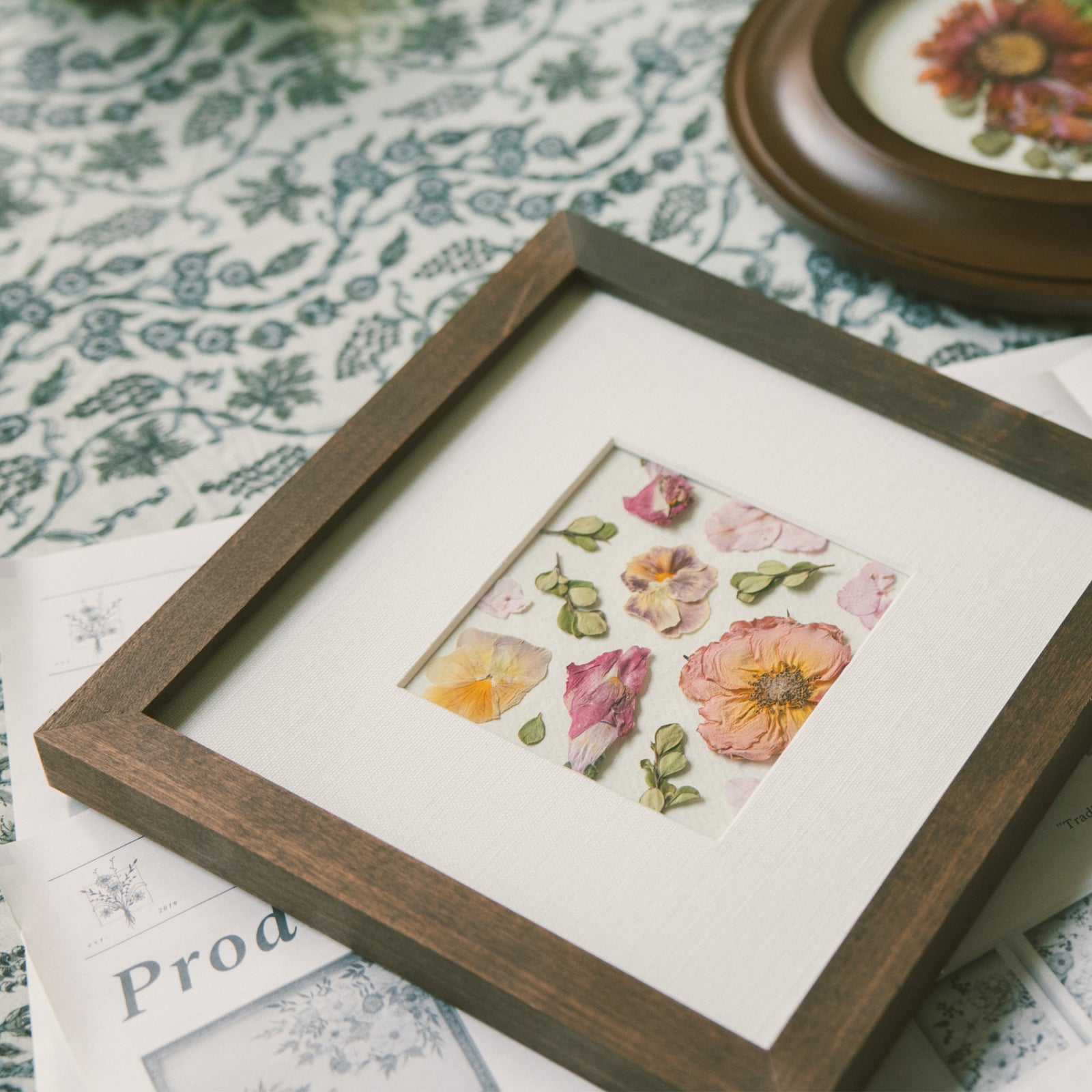 Pressed Floral's custom square single on a blue and white floral background 