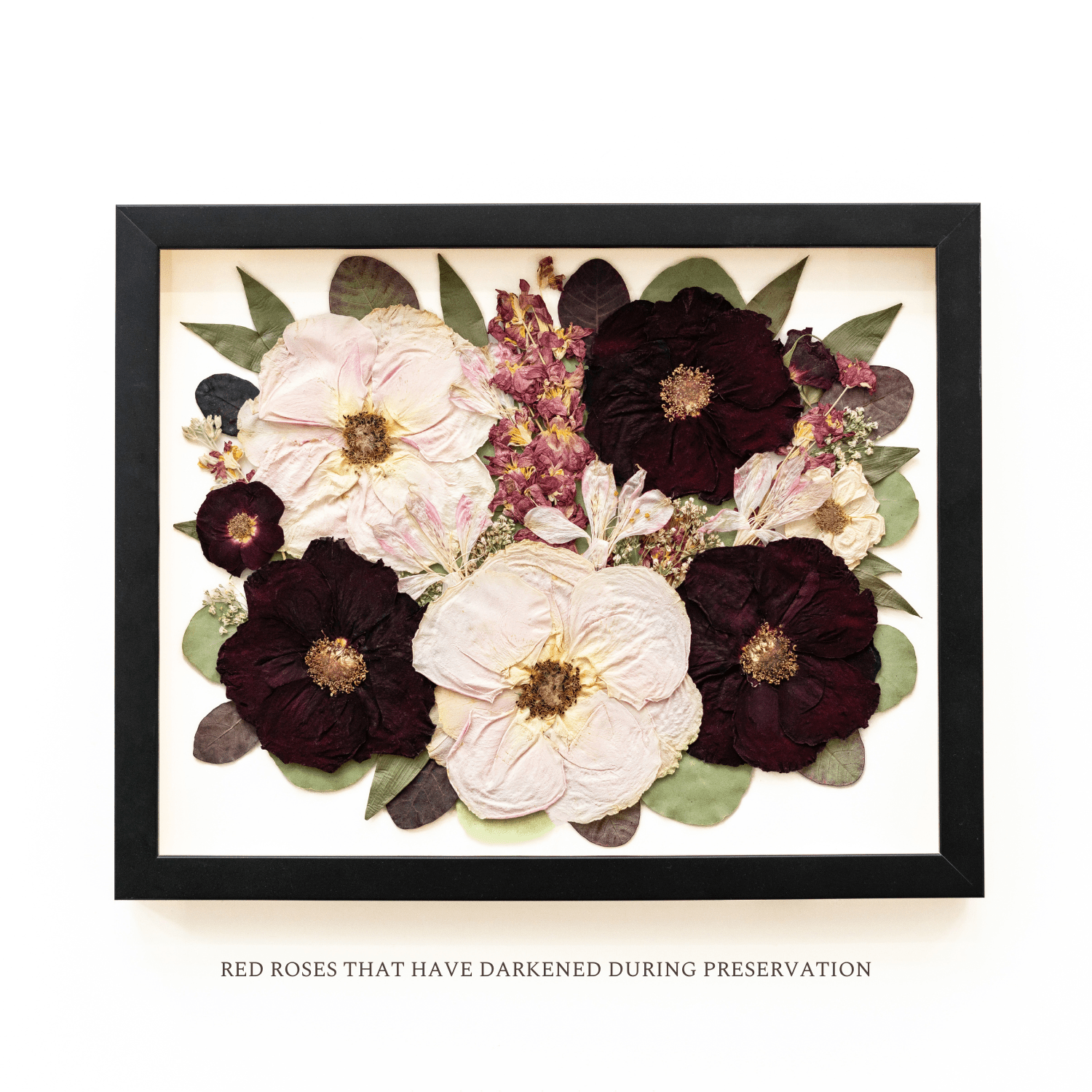 wedding bouquet preserved in Pressed Floral's 11x14 frame 