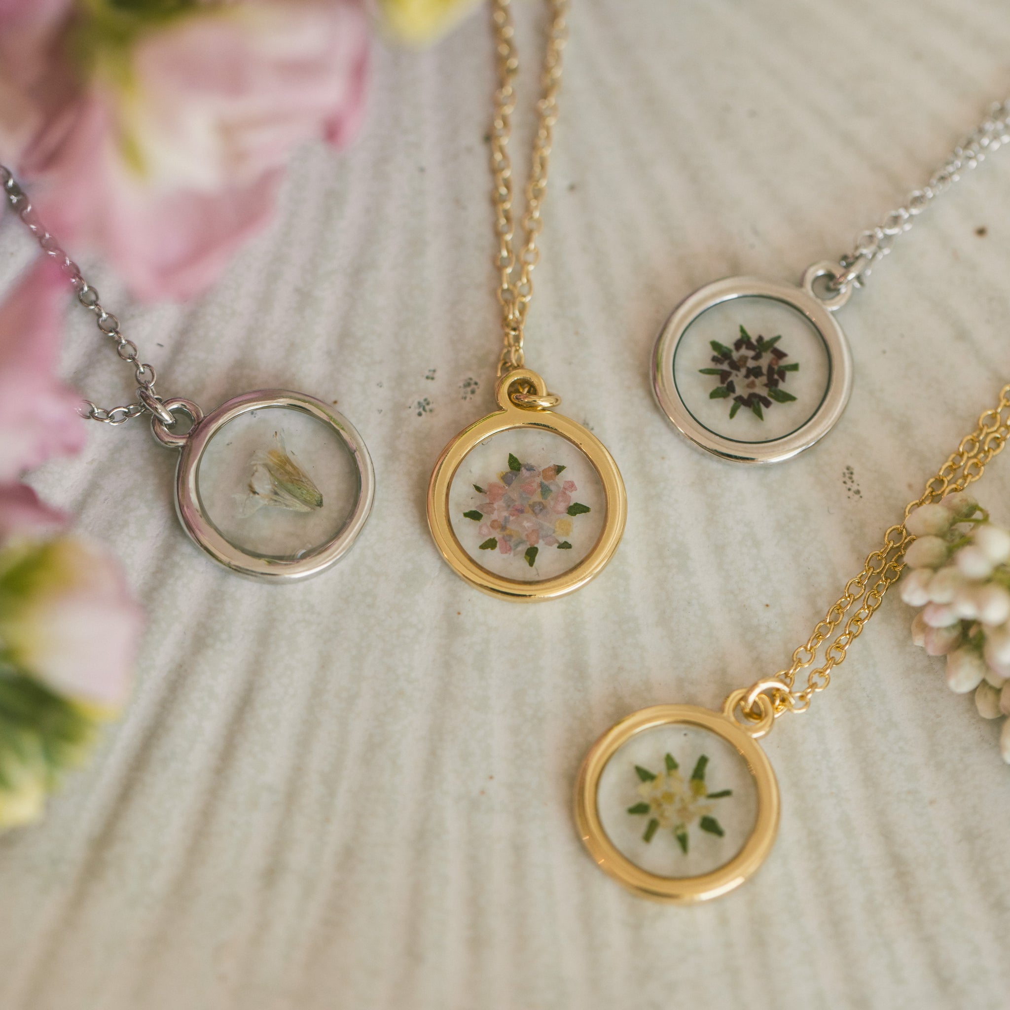 Gold and Silver custom pressed floral necklace made with petals from event