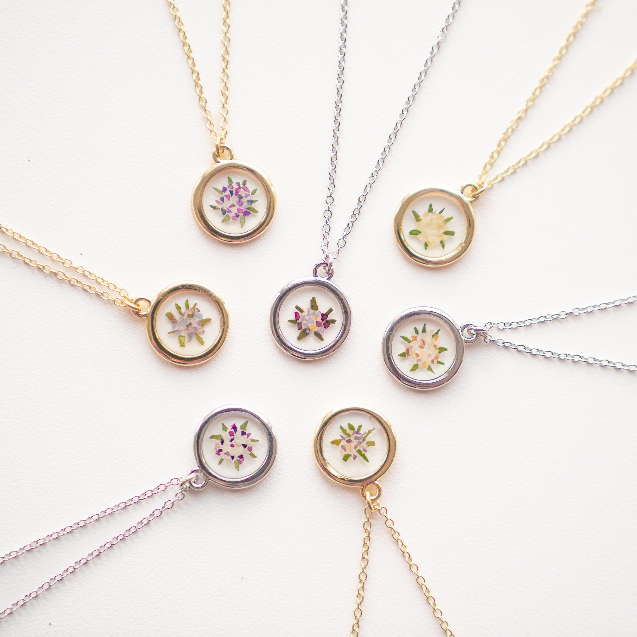 Custom Pressed Floral Necklace - Pressed Floral gold and silver made with petals from sentimental event