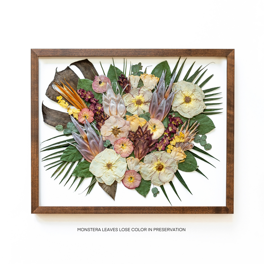 TROPICAL BLOOMS pressed and preserved forever. Proteas, palm leaves, monstera leaves, roses, and ranunculus